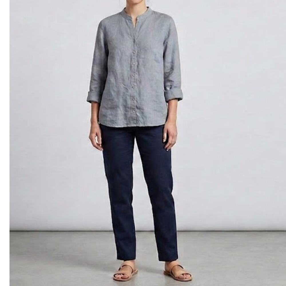 Flax 100% Linen Blouse Womens Sz M Rounded Mandarin V-Neck Collar Minimalist